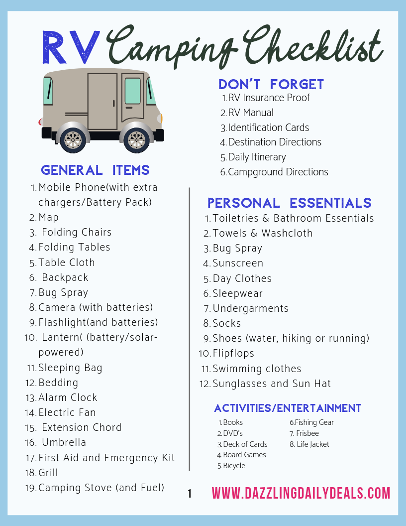Camper Checklist For Your RV FREE Camper Packing List Printable
